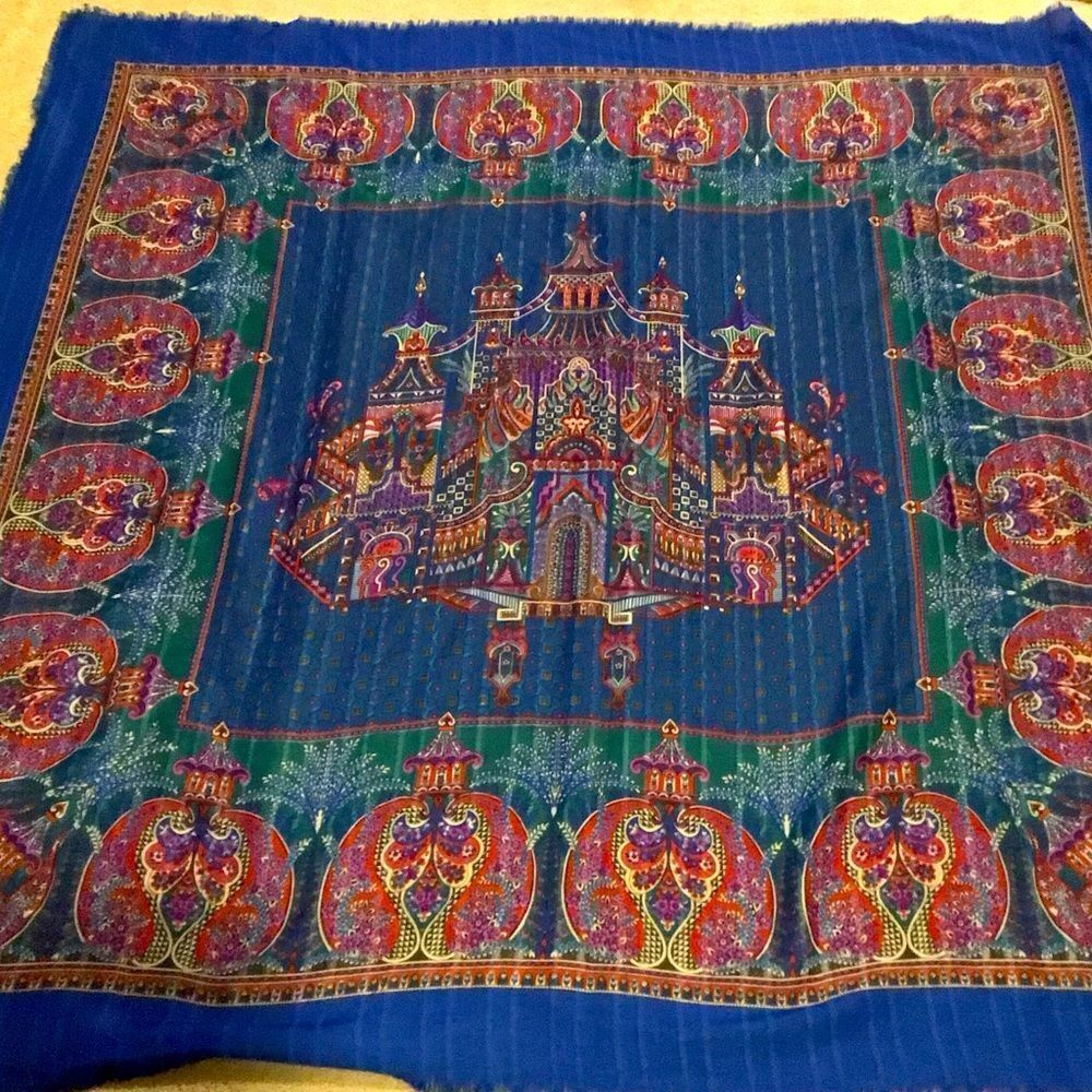 Vintage Square Blue & Red Scarf Shawl Head Cover 46 x 46" Fringed Oriental Vibes